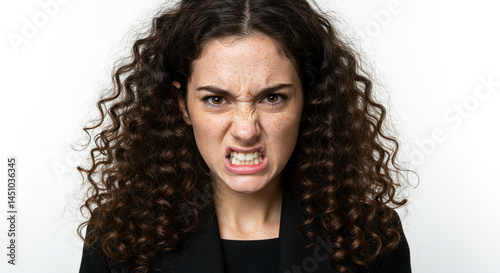 A woman with curly hair and a black jacket is snarling with an angry expression on her face close up human reaction