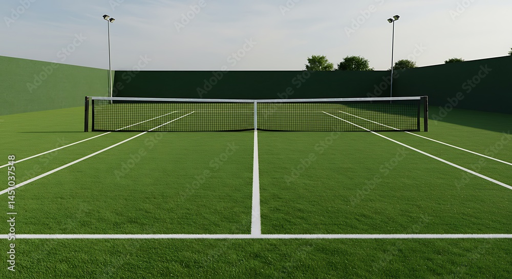 Fototapeta premium A tennis court with the net perfectly placed in the center, surrounded by clean, vibrant court lines