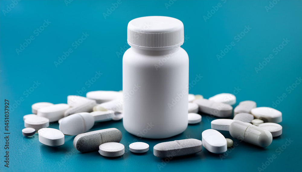 white pill bottle surrounded by generic capsules and tablets on surface white pill bottle surrounded by generic capsules and tablets on surface