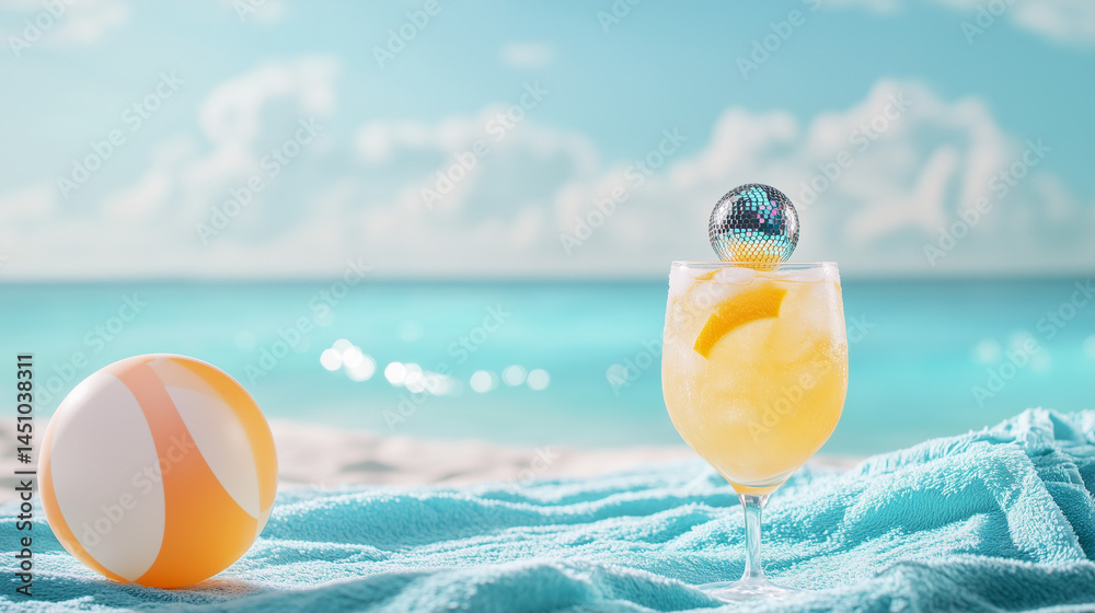 Obraz premium Pastel Yellow Tropical Drink with Disco Ball.Whimsical Beach Party Flat Lay, Blue Towel & Floating Beach Ball,.Copy Space, flat lay,Vip pack Mockup Ready.Summer Advertising, Viral Social Media Content