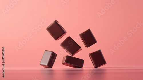 Cioccolatini (Italian Artisanal Chocolates) – Domino Cascade with Glossy Reflections. Elegant Confectionery Art, Pastel Coral Background, Negative Space. Sweet Physics in Motion.
