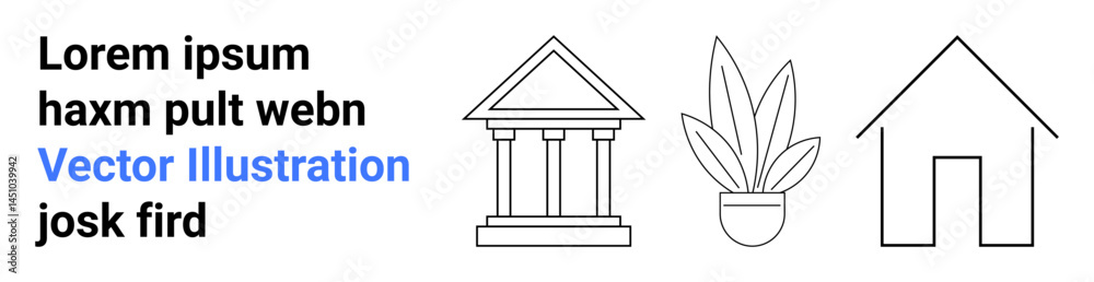 Column building, potted plant, and house drawn in simple black outlines with placeholder text. Ideal for architecture concepts, real estate, education, decor, minimalism, classic themes flat landing Column building, potted plant, and house drawn in simple black outlines with placeholder text. Ideal for architecture concepts, real estate, education, decor, minimalism, classic themes flat landing