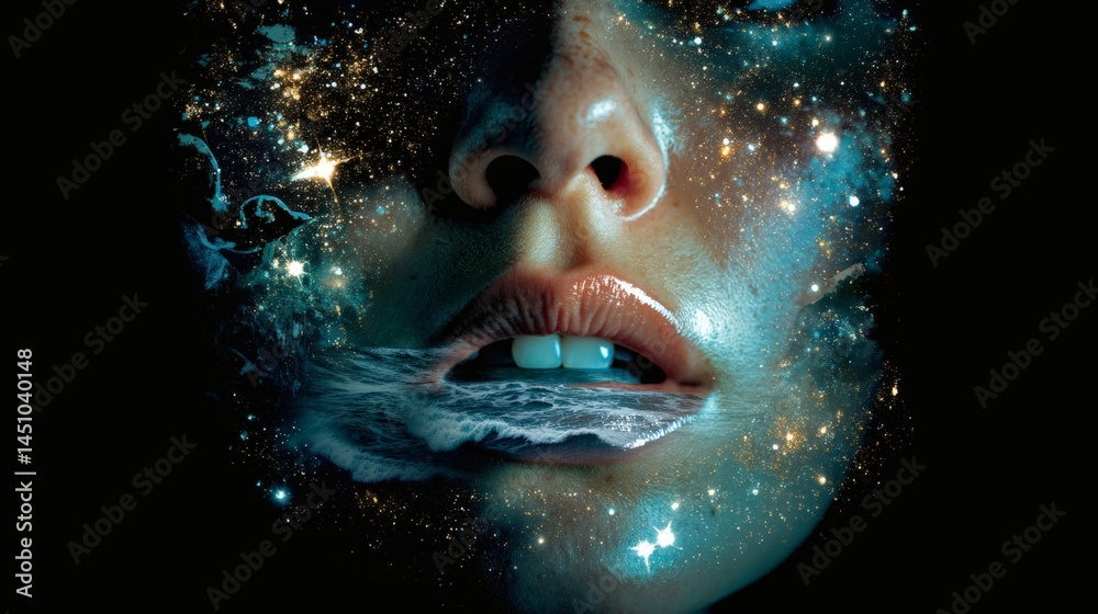 An artistic shot of a face with cosmic elements blending in with lips and mouth, symbolizing the intersection of the inner and outer worlds. The shot evokes feelings of dreams, aspirations. An artistic shot of a face with cosmic elements blending in with lips and mouth, symbolizing the intersection of the inner and outer worlds. The shot evokes feelings of dreams, aspirations.