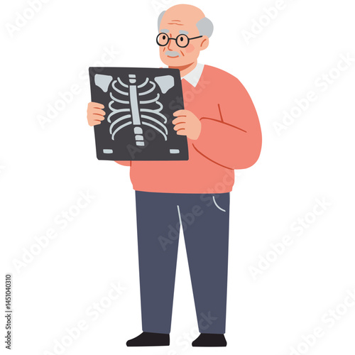 Elderly man holding x-ray - senior man carefully examining x-ray under lamp light, his wrinkled face reflecting experience and health concerns.