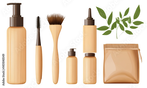  Set of bamboo, eco-friendly cosmetic bottles, brushes, and a bag, isolated on a transparent background.