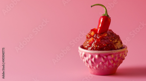 Spicy Serbian Ajvar (Roasted Red Pepper Spread) with Guardian Chili Pepper.Playful Balkan Food Photography, Glossy Ceramic Bowl on Pastel Pink. Copy Space,flat lay.VIP Mockup Ready,trending now.