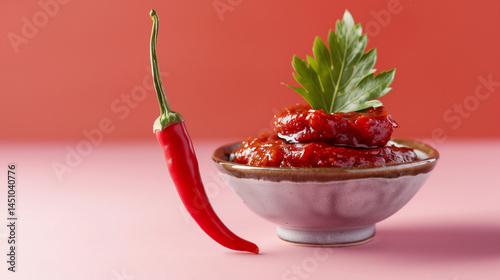 Spicy Serbian Ajvar (Roasted Red Pepper Spread) with Guardian Chili Pepper.Playful Balkan Food Photography, Glossy Ceramic Bowl on Pastel Pink. Copy Space,flat lay.VIP Mockup Ready,trending now.