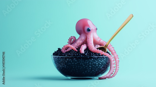 Squid Ink Risotto (Risotto Nero) in Glass Fishbowl.Tiny Golden Spoon and Miniature Pink Octopus, Pastel Teal Background, Surreal Food Concept with Copy Space. Mockup Ready for Trendy Food Branding