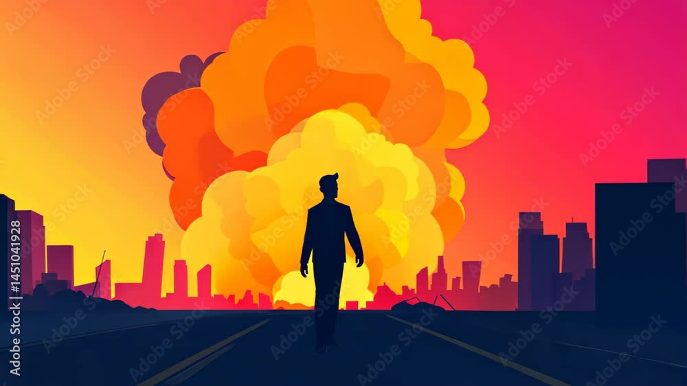 A shadowy figure strides through a ruined city, drawn towards a vibrant explosion, embodying the spirit of adventure and survival. A shadowy figure strides through a ruined city, drawn towards a vibrant explosion, embodying the spirit of adventure and survival.