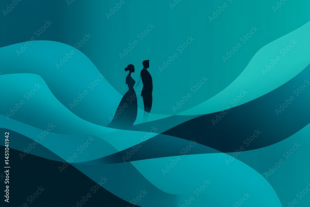 Obraz premium A couple silhouette in a sea of aquamarine waves, a scene evoking contemplation. The figures stand side by side in a vast, serene landscape