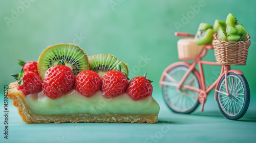 Italian Crostata di Frutta with Vintage Bicycle,Juicy Strawberry & Kiwi Spiral on Pastel Mint Background.Copy Space.Minimal creative Food concept for Gourmet Brands & Italian Tourism Ads.Vip pack 