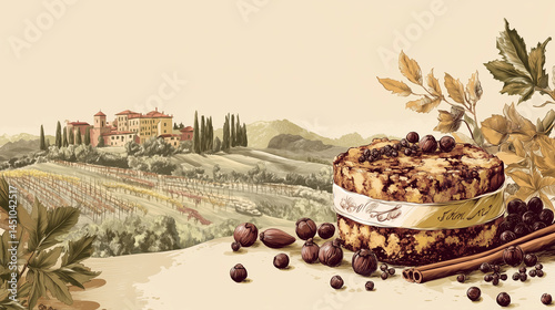 Rustic Panforte di Siena with Whole Spices & Tuscan Vineyard Sketch - Ultra-Wide AI Vector Illustration, Pastel Warm Beige Background, Heritage Italian Dessert Flat Lay, Copy Space, VIP Mockup Ready