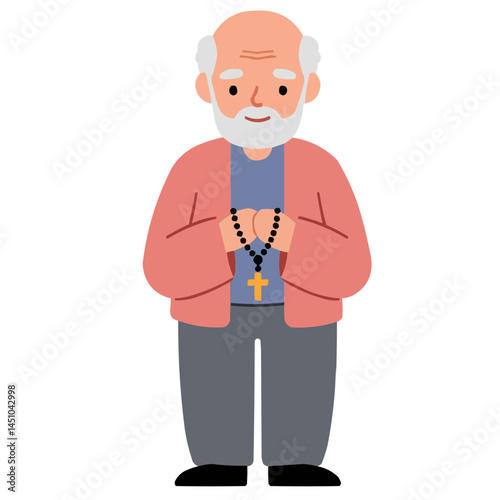 Elderly man holding rosary - silver-haired man with prayer beads in hands immersed in quiet devotion, soft light creating atmosphere of spiritual peace and reverence.