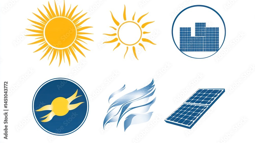 Obraz premium Solar energy icons; sun, wind, panels; clean energy; website design