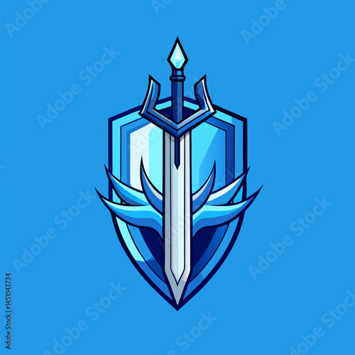 Illustrative Shield and Sword Emblem: A stylized emblem showcasing a gleaming sword piercing a shield, embodying strength, valor, and protection against a serene azure backdrop.