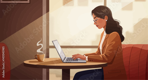 Latina entrepreneur working on laptop in coffee shop, vector style illustration  