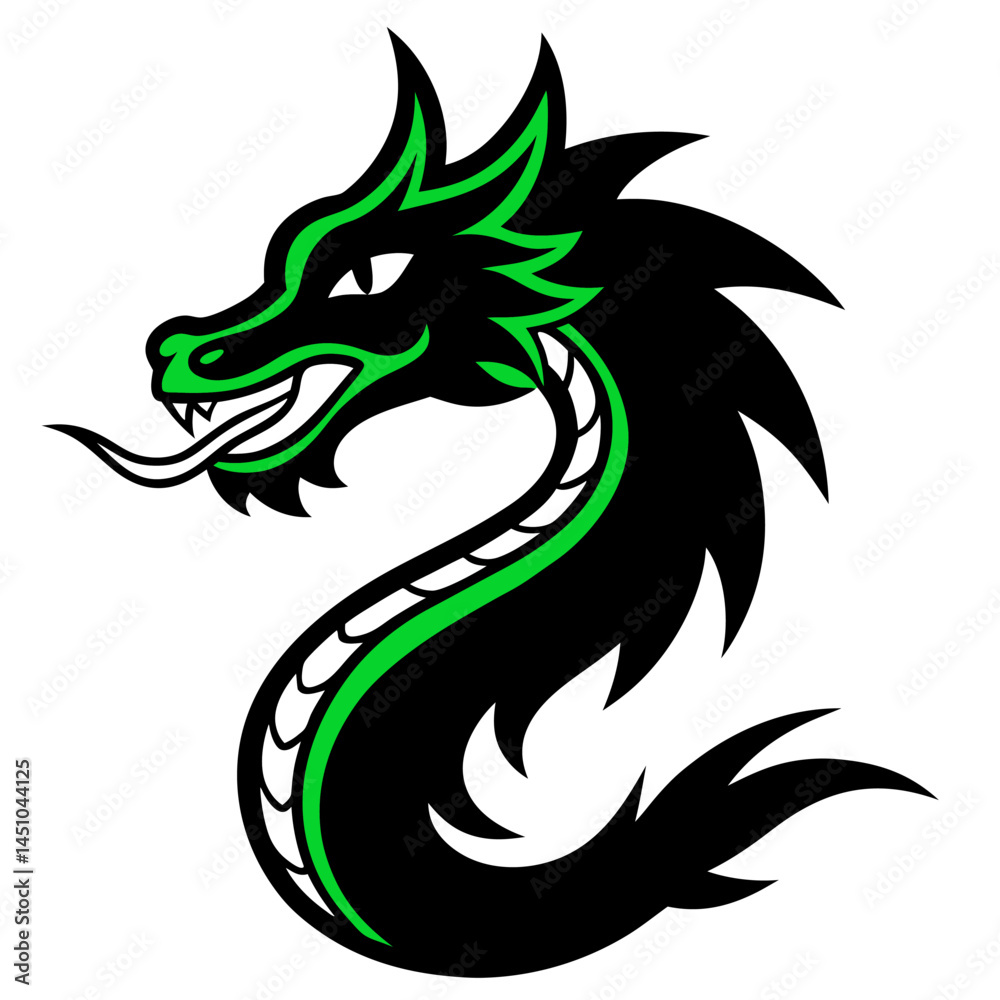Obraz premium The Mythical Dragon: A captivating illustration of a dragon, featuring a vibrant green and black color scheme, with intricate details and a powerful pose, symbolizing strength and ancient lore.