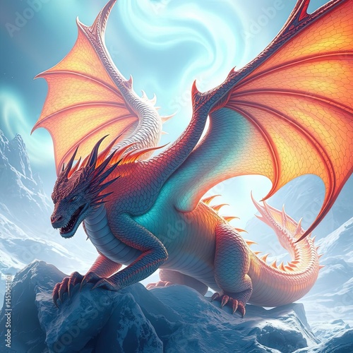 A fantasy dragon with translucent scales in an icy landscape and against the Northern Lights