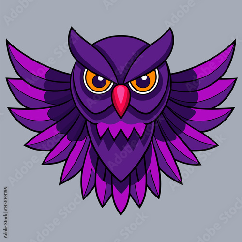 Artistic Owl: A majestic purple owl, rendered in a stylized illustration, perches with intense, captivating eyes, showcasing a blend of artistic flair and natural grace.