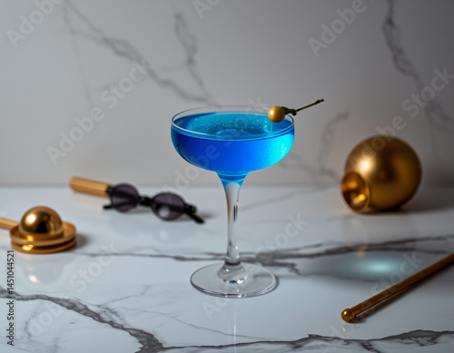 Blue Curacao cocktail with an electric blue glow in a designer glass, perfect for luxury drink presentations and branding