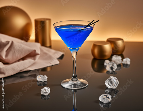 Blue Curacao cocktail with an electric blue glow in a designer glass, perfect for luxury drink presentations and branding