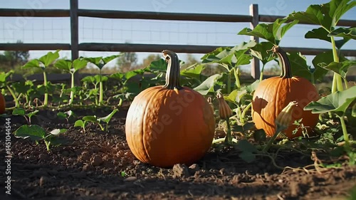Pumpkins Growing in a Field Autumn Farming Harvest Concept