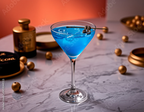 Blue Curacao cocktail with an electric blue glow in a designer glass, perfect for luxury drink presentations and branding