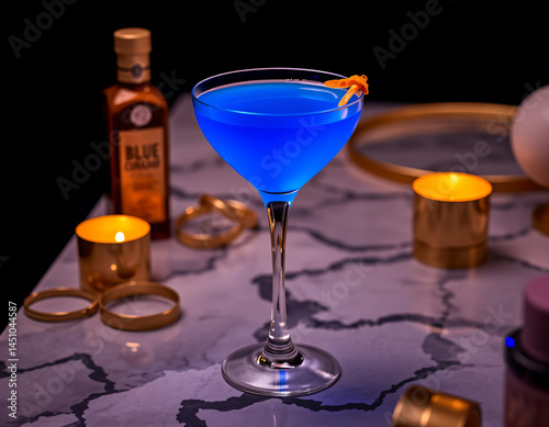 Blue Curacao cocktail with an electric blue glow in a designer glass, perfect for luxury drink presentations and branding