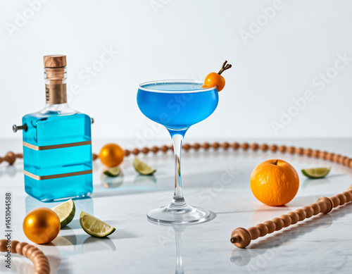 Blue Curacao cocktail with an electric blue glow in a designer glass, perfect for luxury drink presentations and branding