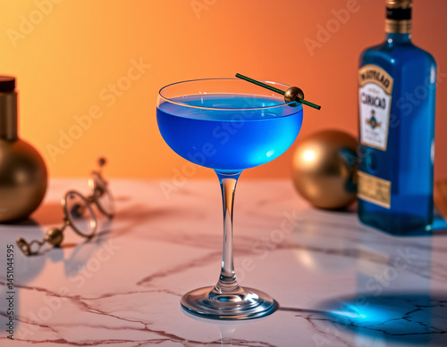 Blue Curacao cocktail with an electric blue glow in a designer glass, perfect for luxury drink presentations and branding
