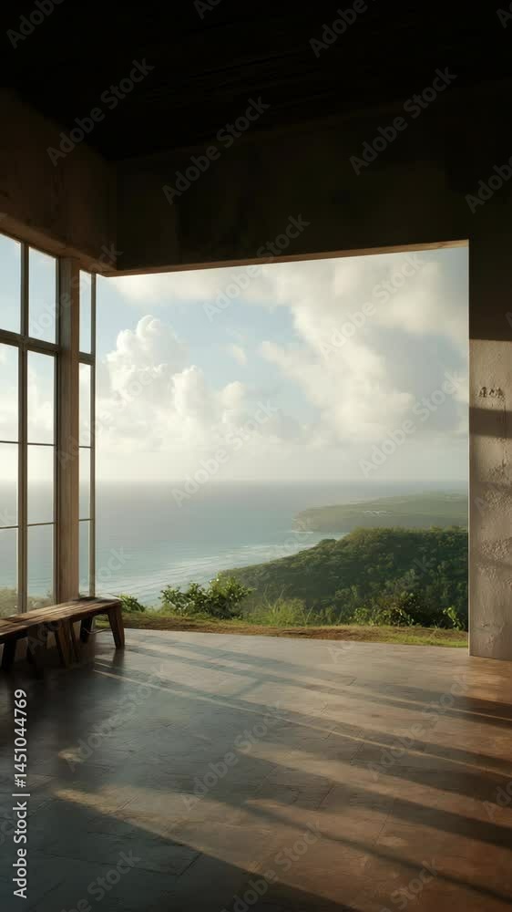Spacious room overlooking tropical coastline with bench, large windows and tile flooring, featuring ocean view and natural light patterns. Spacious room overlooking tropical coastline with bench, large windows and tile flooring, featuring ocean view and natural light patterns.