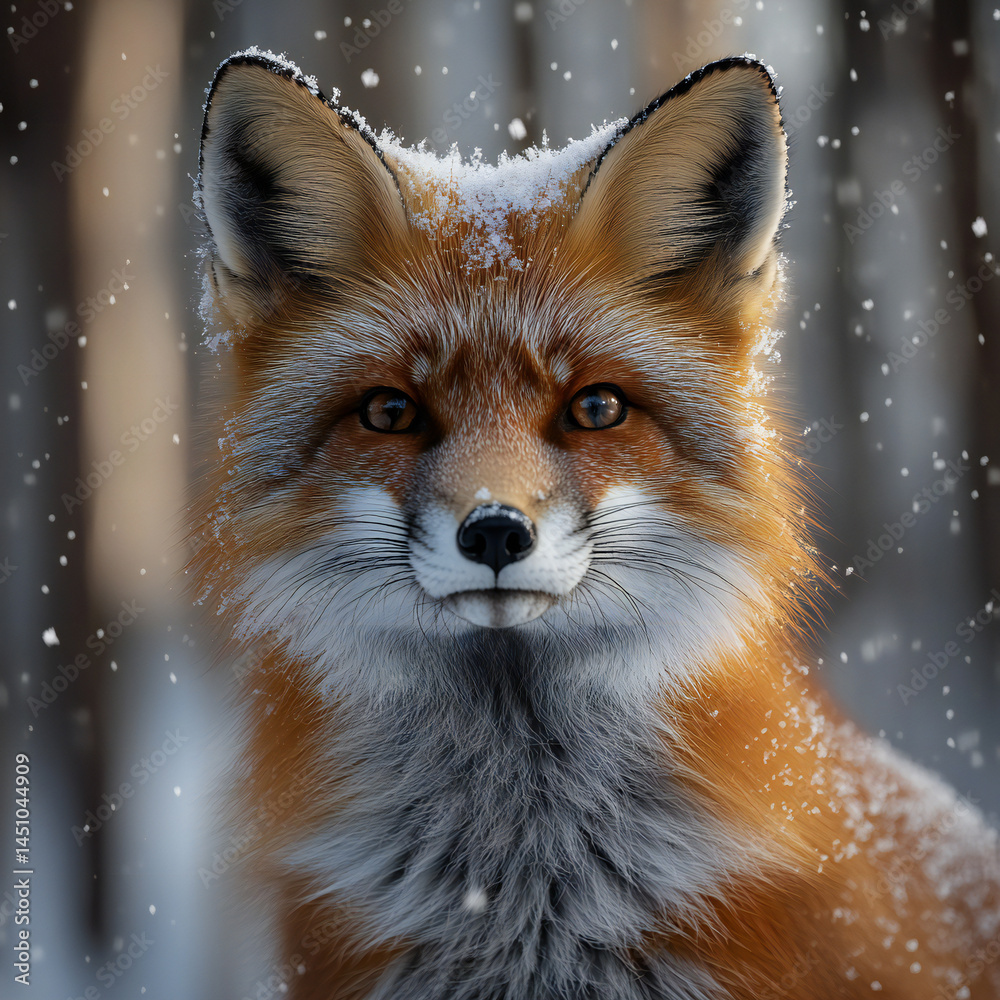 Fototapeta premium A red fox standing in a snowy forest, soft winter lighting, realistic fur details, snowflakes on its nose