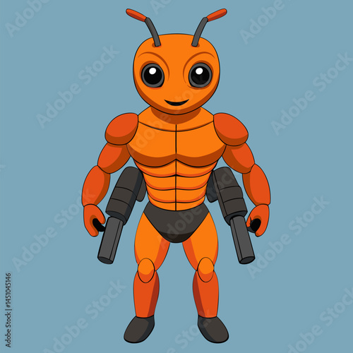 Super Ant: A muscular ant with a toothy grin and guns in hand, an anthropomorphic and comical illustration of a powerful insect. This illustration could be used for a children's book.