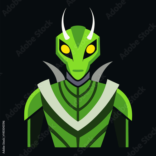 Green Alien Warrior: A stylized illustration of a green alien warrior with glowing yellow eyes and horned helmet,  ready for intergalactic combat.