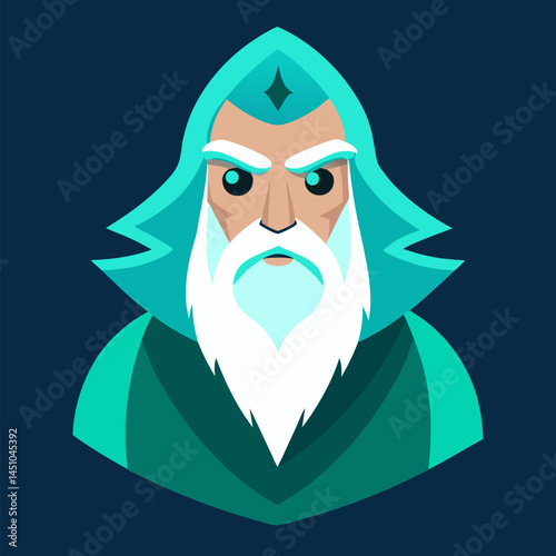 Mystical Sorcerer: An abstract vector illustration of a wise sorcerer with a long beard, wearing a hooded robe, staring intently, surrounded by a serene dark blue backdrop.
