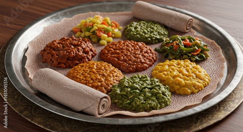 A plate of cuban food with shredded beef rice black beans and peppers on a decorative plate close up