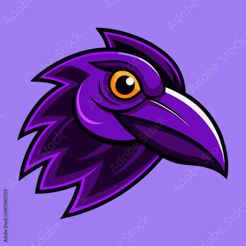 Purple Raven Mascot Head: A stylized illustration of a raven's head, rendered in shades of purple, suitable for a mascot or logo design. The raven's gaze is intense.