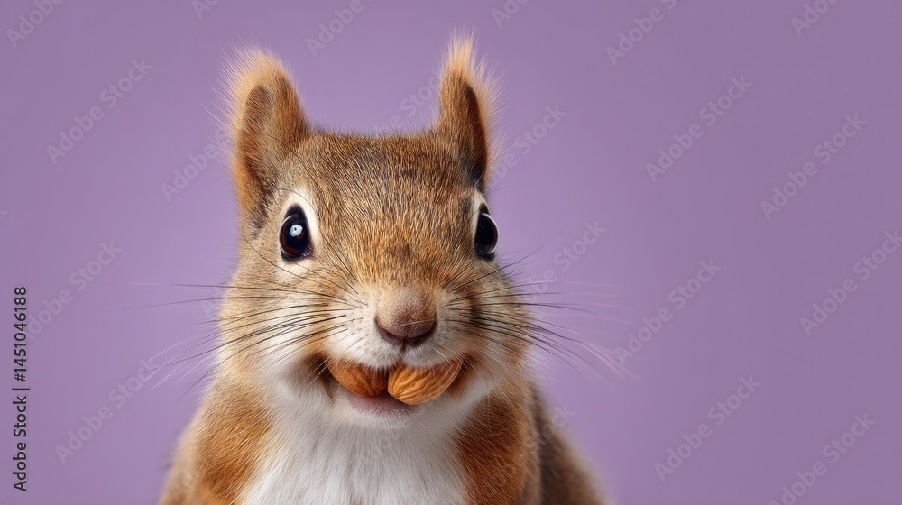Fototapeta premium Close-up Portrait of an Adorable Squirrel Holding Nuts Against Purple Background