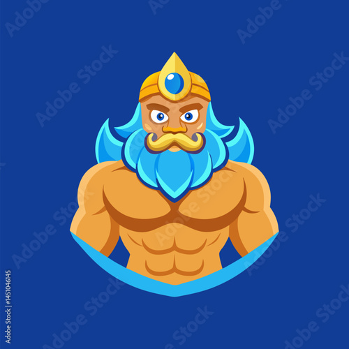 Oceanic Sovereign: A vibrant illustration of an imposing aquatic deity, radiating strength and authority, with flowing, ethereal blue beard and a regal crown.