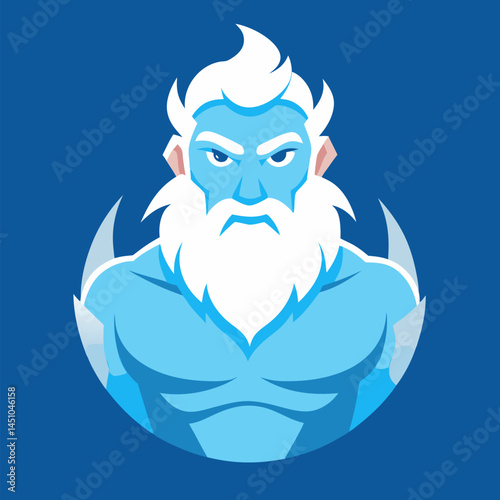 Mythical Figure: A stylized illustration of a formidable, white-bearded, and icy-blue mythical figure with an imposing gaze. A striking depiction of power and ancient wisdom.