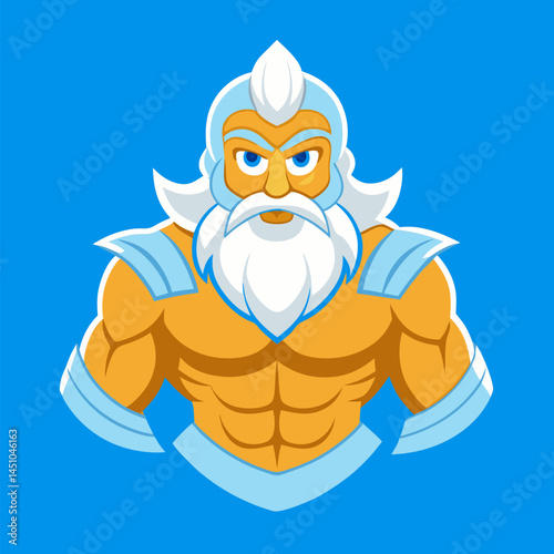 Divine Icon: A stylized illustration of a powerful, muscular deity, exuding strength and wisdom with flowing white hair and beard set against a vibrant backdrop.