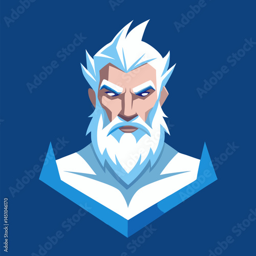 Frozen Sovereign: A commanding figure of a wise, and powerful, mythical deity, embodying the spirit of winter with icy hair and beard, set against a cool, tranquil background.