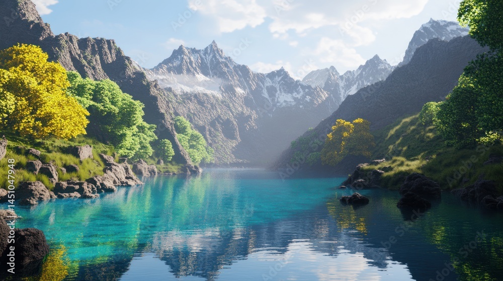 Fototapeta premium Serene Mountain Lake Reflection: A Breathtaking Panorama