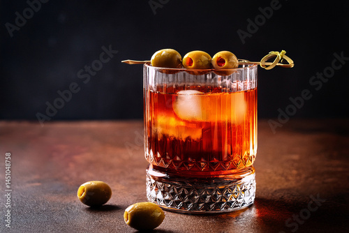 Cóctel Mahogany con aceituna y oliva 01
