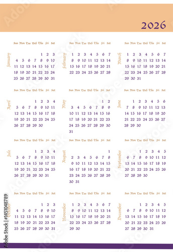 Wall calendar for 2026 with all months in columns on one page. Vector illustration on white background for school, office, printing with space for logo at the top and contacts at the bottom.