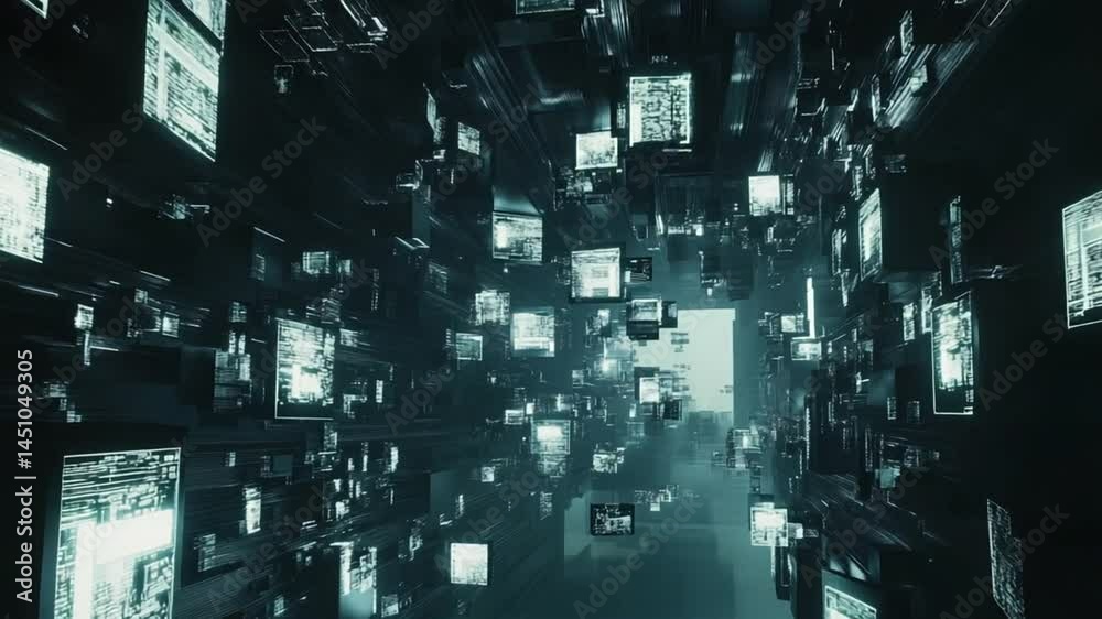 Immersive digital landscape featuring intricate floating monitors and data streams