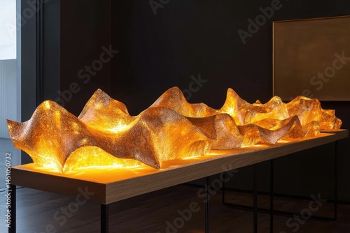 Golden, undulating forms illuminate a wooden display.  Intricate, textured surfaces glow warmly
