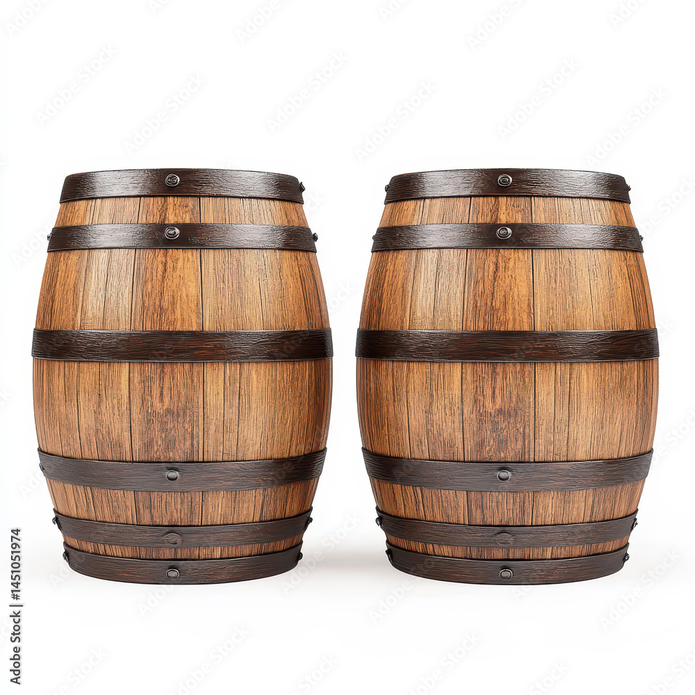 Obraz premium Classic wooden barrels shine against a clean white backdrop, showcasing their rustic charm and timeless appeal.