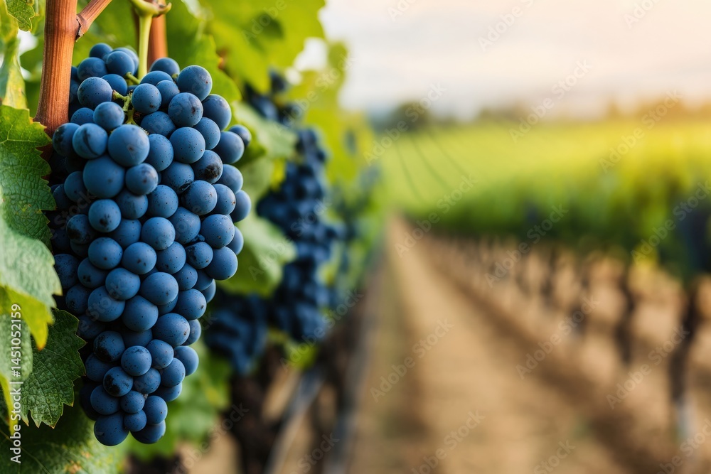 Naklejka premium Ripe blue grapes hanging in vineyard at sunset: warm sunlight illuminating lush vines
