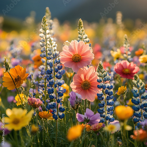 Colorful wildflowers blooming in a sunny meadow with soft focus